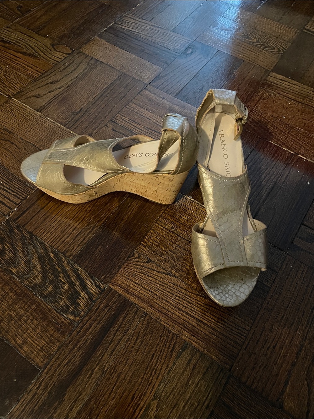 Franco Sarto Metallic Gold Textured Cork Wedge Sandals